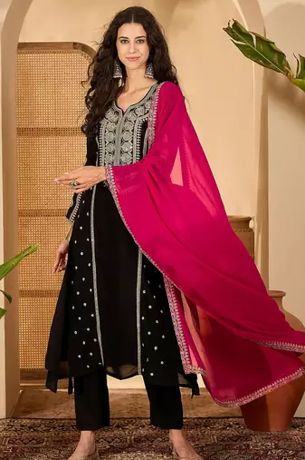 Black color beautiful vichitra silk fabric designer embroidery work elegant ceremonial suit