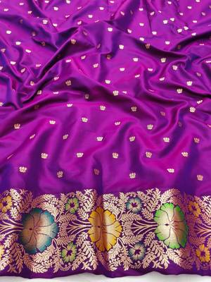 Purple zari woven silk blend saree with blouse piece 4