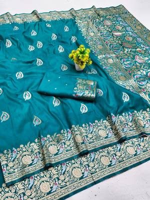 Light blue zari woven silk blend saree with blouse piece 1