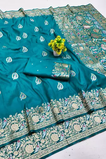 Light blue zari woven banarasi silk blend saree with blouse piece