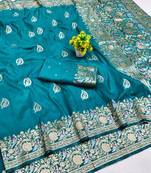 Light blue zari woven banarasi silk blend saree with blouse piece