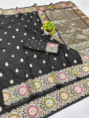 Black zari woven silk blend saree with blouse piece 1