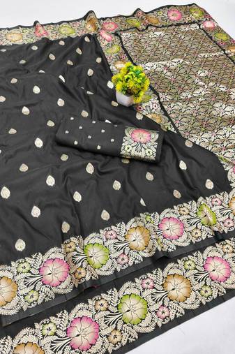 Black zari woven banarasi silk blend saree with blouse piece