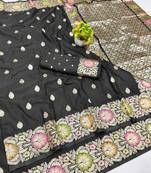 Black zari woven banarasi silk blend saree with blouse piece