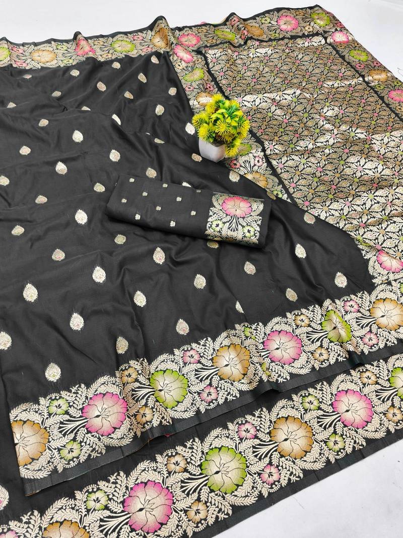 Black zari woven banarasi silk blend saree with blouse piece