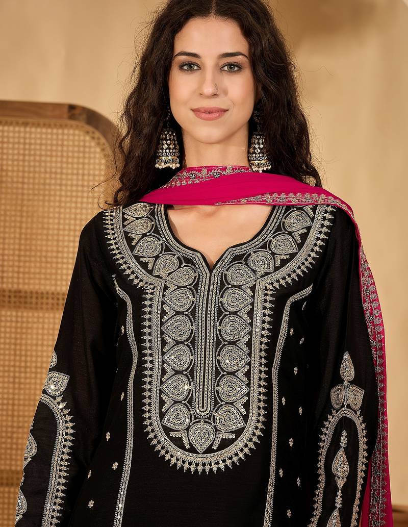 Black color beautiful vichitra silk embroidery elegant ceremonial suit