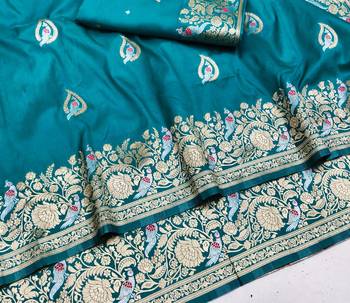 Light blue zari woven silk blend saree with blouse piece 3