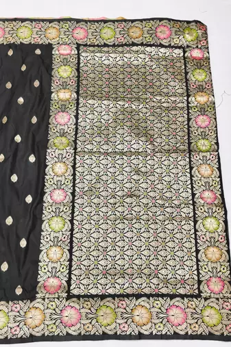 Black zari woven silk blend saree with blouse piece