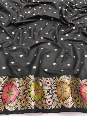 Black zari woven silk blend saree with blouse piece 3