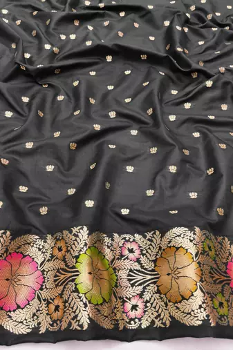 Black zari woven silk blend saree with blouse piece