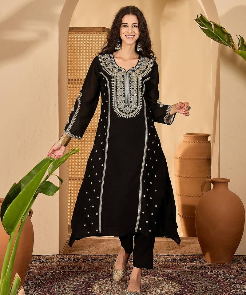 Black color beautiful vichitra silk embroidery elegant ceremonial suit