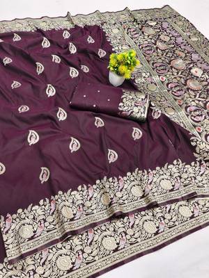Wine zari woven silk blend saree with blouse piece 1