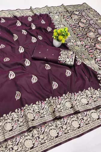 Wine zari woven banarasi silk blend saree with blouse piece