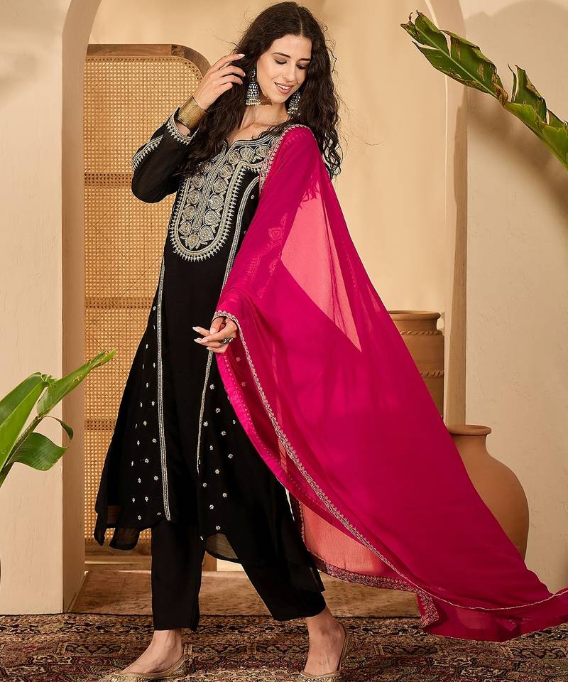Black color beautiful vichitra silk embroidery elegant ceremonial suit
