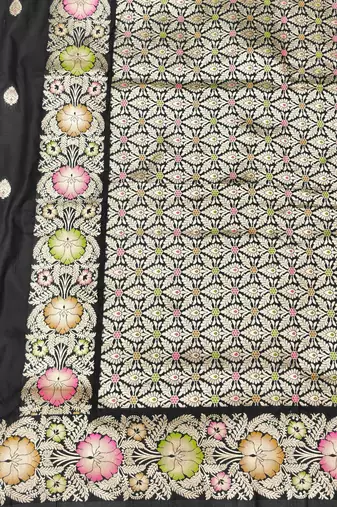 Black zari woven silk blend saree with blouse piece