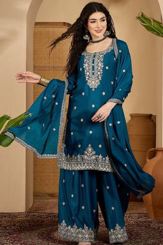 Teal color beautiful chinon silk embroidery elegant ceremonial suit