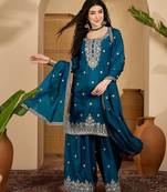 Teal color beautiful chinon silk embroidery elegant ceremonial suit