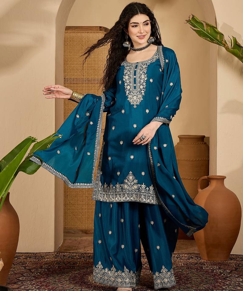 Teal color beautiful chinon silk embroidery elegant ceremonial suit