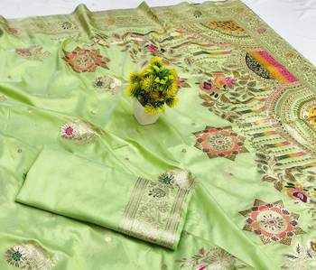 Light green zari woven silk blend saree with blouse piece 3