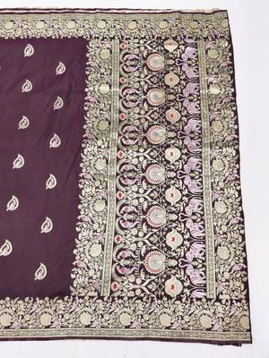 Wine zari woven silk blend saree with blouse piece 5