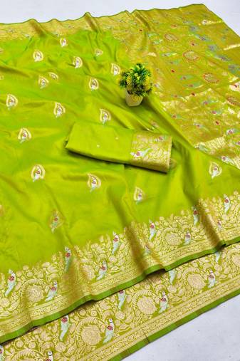 Lime zari woven banarasi silk blend saree with blouse piece