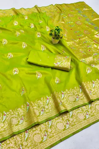 Lime zari woven banarasi silk blend saree with blouse piece