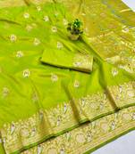 Lime zari woven banarasi silk blend saree with blouse piece