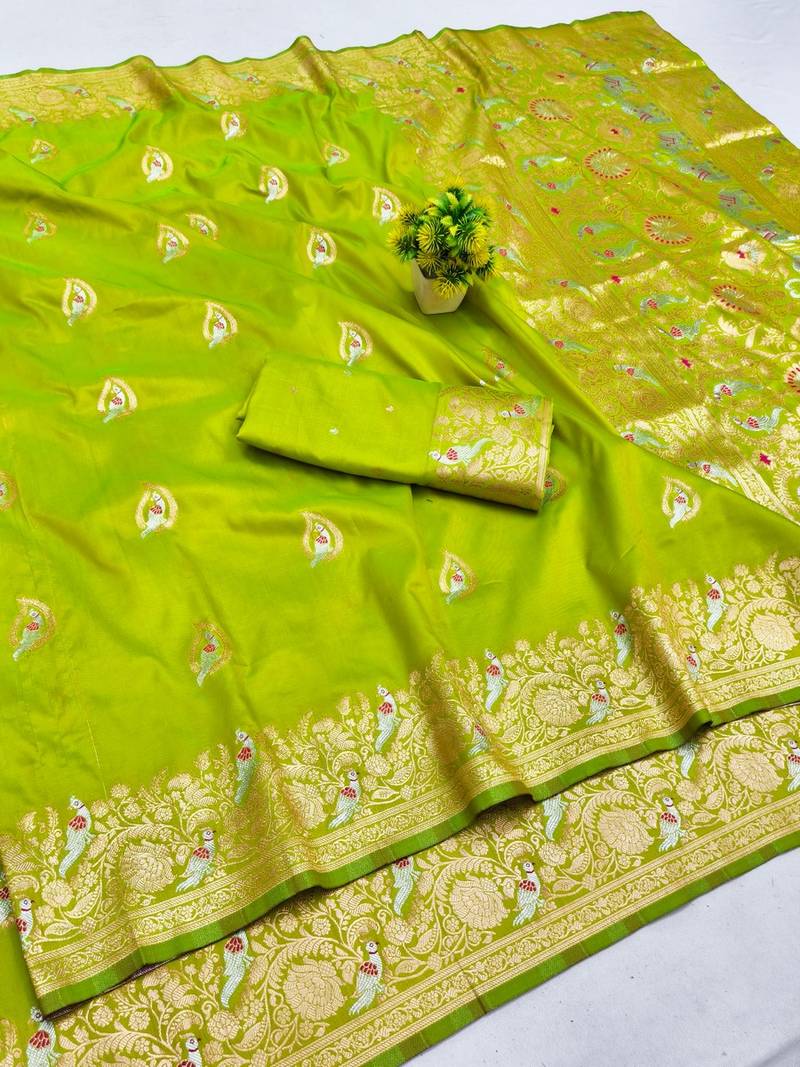 Lime zari woven banarasi silk blend saree with blouse piece