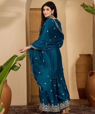 Teal color beautiful chinon silk embroidery elegant ceremonial suit 2
