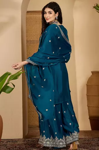 Teal color beautiful chinon silk embroidery elegant ceremonial suit