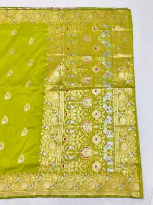 Lime zari woven silk blend saree with blouse piece 2
