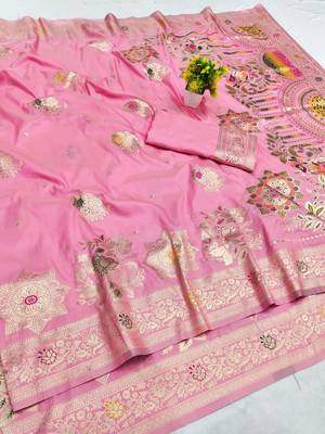 Pink zari woven silk blend saree with blouse piece 1