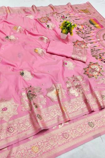 Pink zari woven banarasi silk blend saree with blouse piece