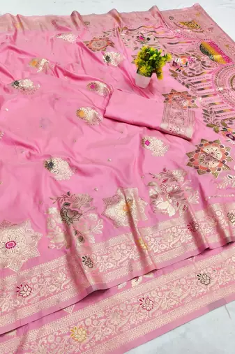 Pink zari woven banarasi silk blend saree with blouse piece
