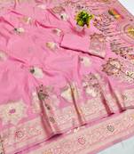 Pink zari woven banarasi silk blend saree with blouse piece