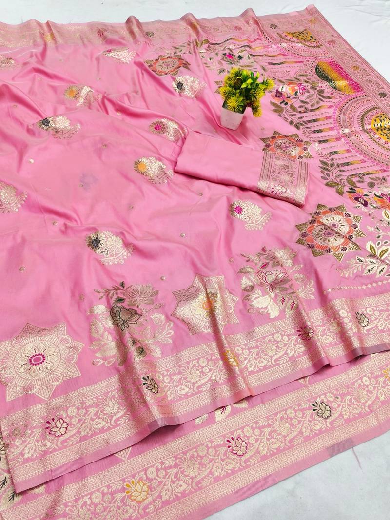 Pink zari woven banarasi silk blend saree with blouse piece