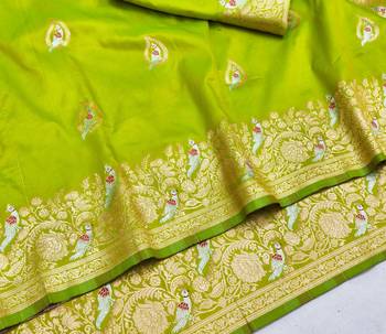 Lime zari woven silk blend saree with blouse piece 3