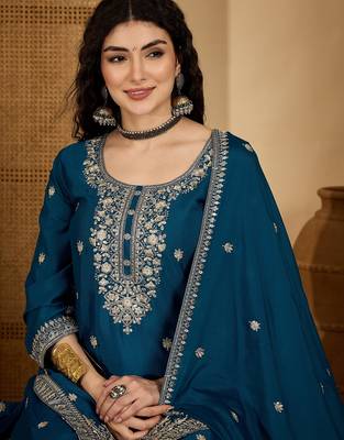 Teal color beautiful chinon silk embroidery elegant ceremonial suit 3