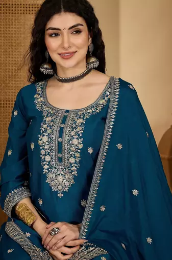Teal color beautiful chinon silk embroidery elegant ceremonial suit
