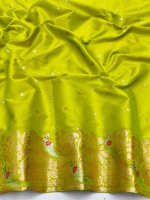 Lime zari woven silk blend saree with blouse piece 4