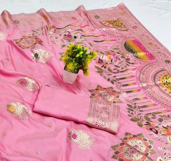 Pink zari woven silk blend saree with blouse piece 3