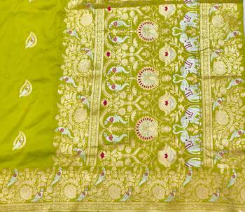 Lime zari woven silk blend saree with blouse piece 5