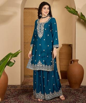 Teal color beautiful chinon silk embroidery elegant ceremonial suit 4