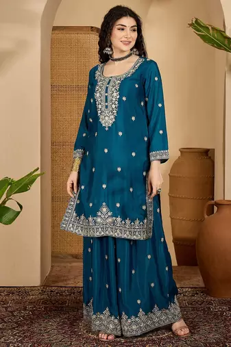 Teal color beautiful chinon silk embroidery elegant ceremonial suit