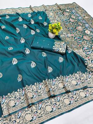 Blue zari woven silk blend saree with blouse piece 1