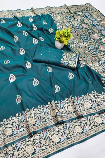 Blue zari woven banarasi silk blend saree with blouse piece