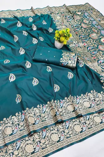 Blue zari woven banarasi silk blend saree with blouse piece