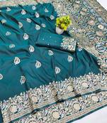 Blue zari woven banarasi silk blend saree with blouse piece