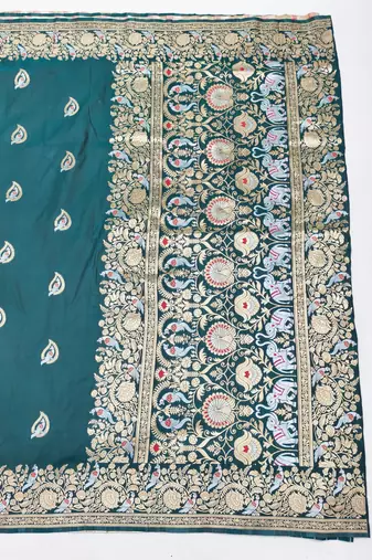 Blue zari woven silk blend saree with blouse piece