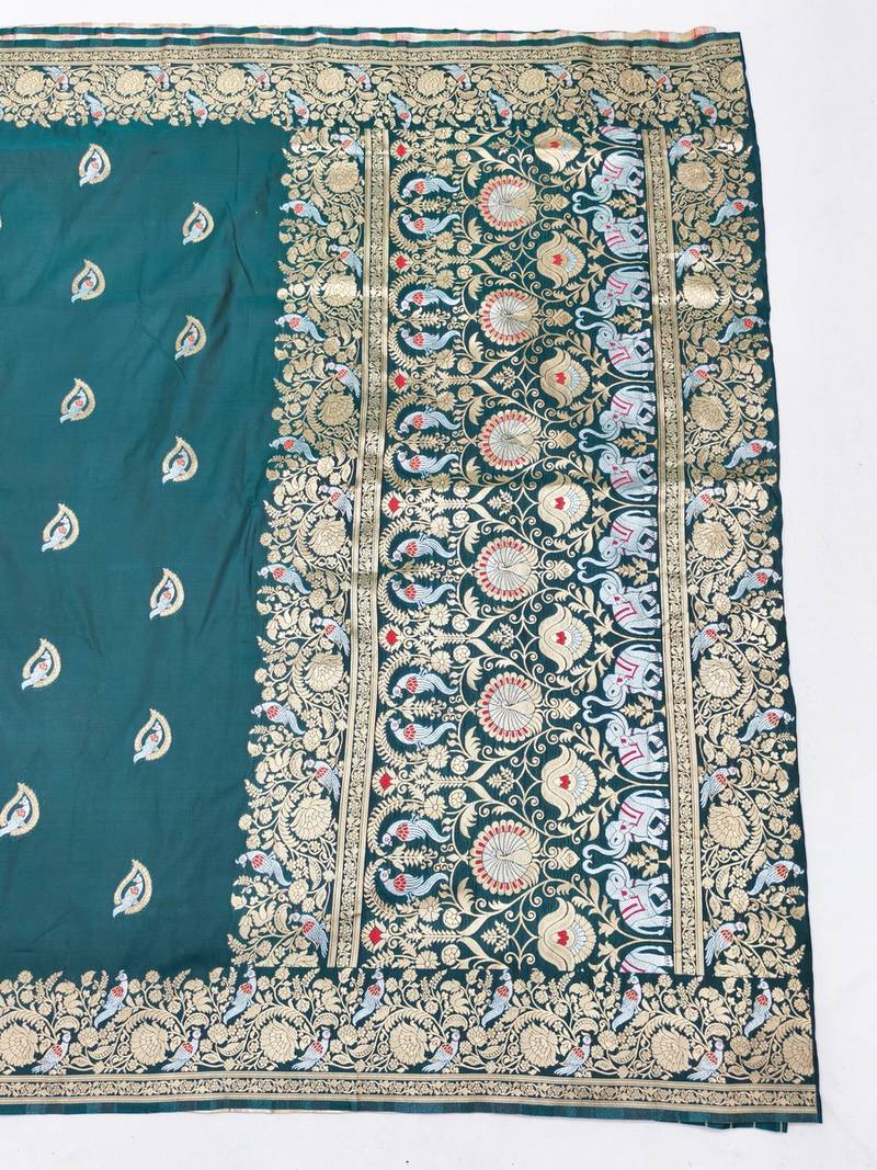 Blue zari woven banarasi silk blend saree with blouse piece